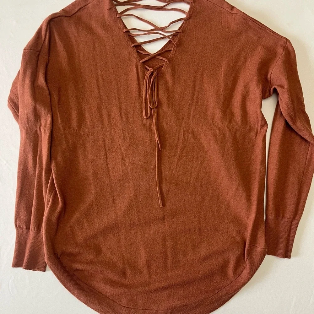 Rust V-Neck Sweater with Crisscross Detail